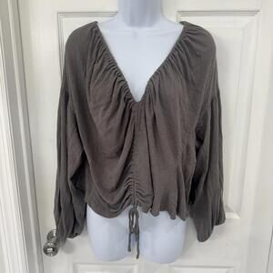 Mustard Seed 100% Cotton Brown/Grey Scrunch Bell Sleeve Top